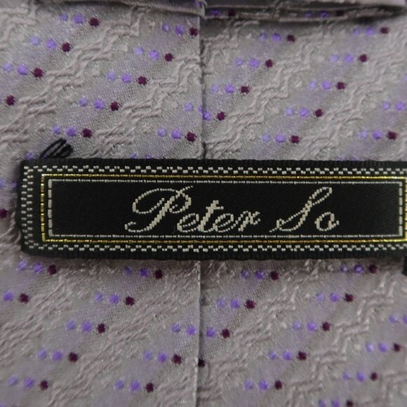 Peter So Men's 100% Silk Tie Gray w Purple Dots - Picture 3 of 7